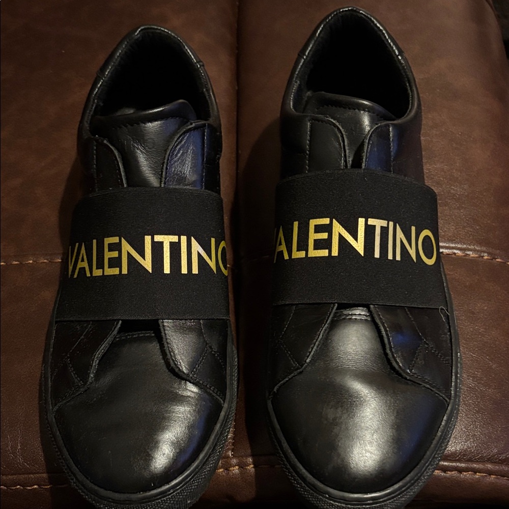 Valentino Black Leather Sneakers with Gold Logo